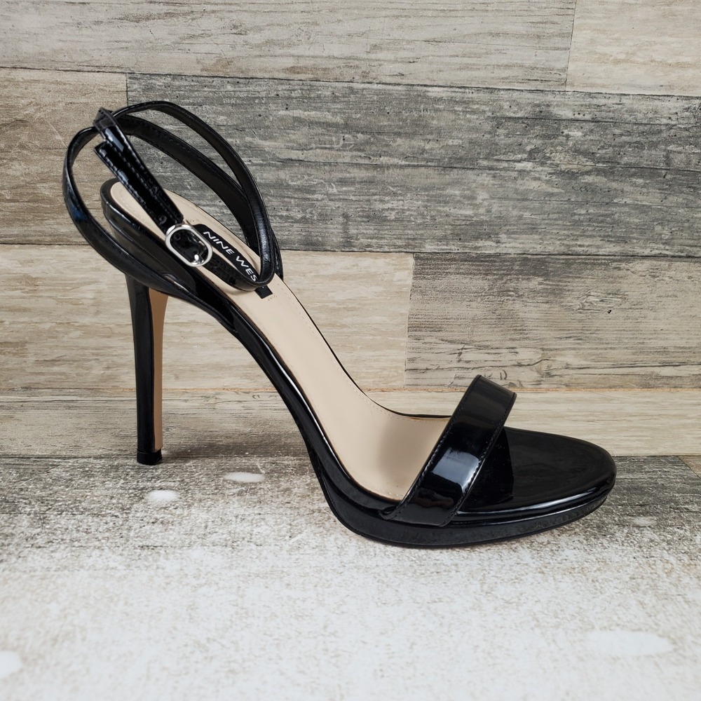 Nine West Loola Womens Dress Sandal Sz 8.5 M Black Leather Patent Ankle Strap